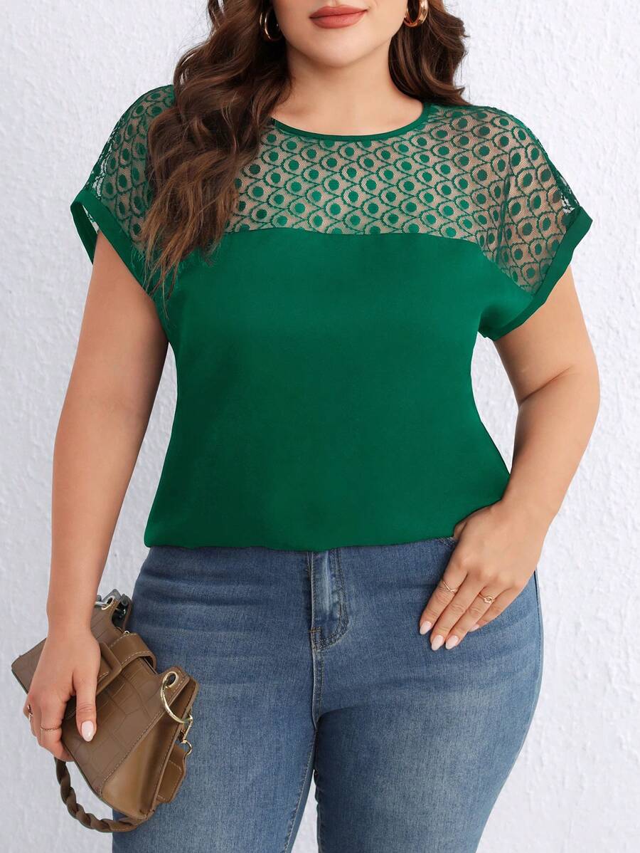 SHEIN Clasi Plus Contrast Mesh Batwing Sleeve Blouse