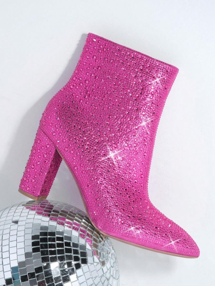 SHUZIA Rhinestone Decor Side Zipper Chunky Heeled Boots