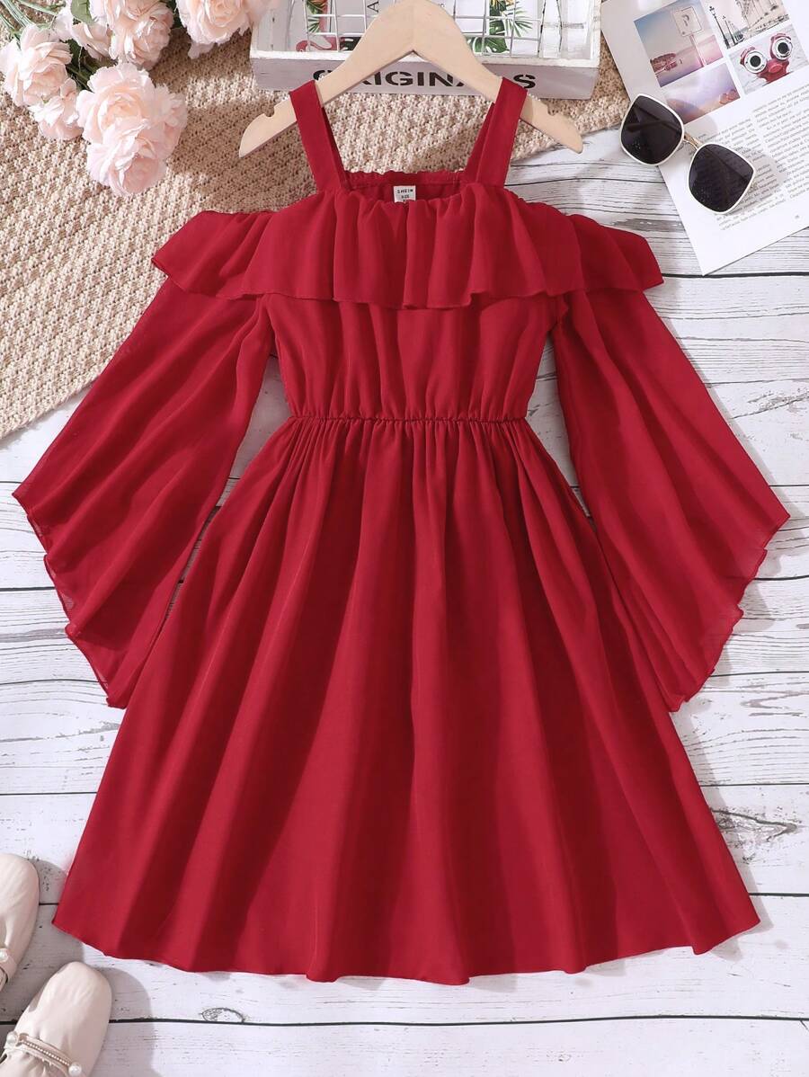 SHEIN Tween Girl Cold Shoulder Ruffle Trim Trumpet Sleeve Dress