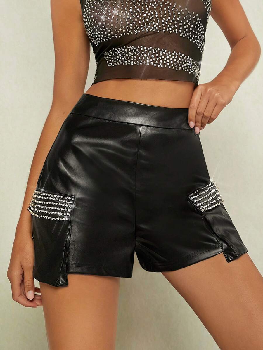 SHEIN BAE Rhinestone Detail PU Leather Shorts
