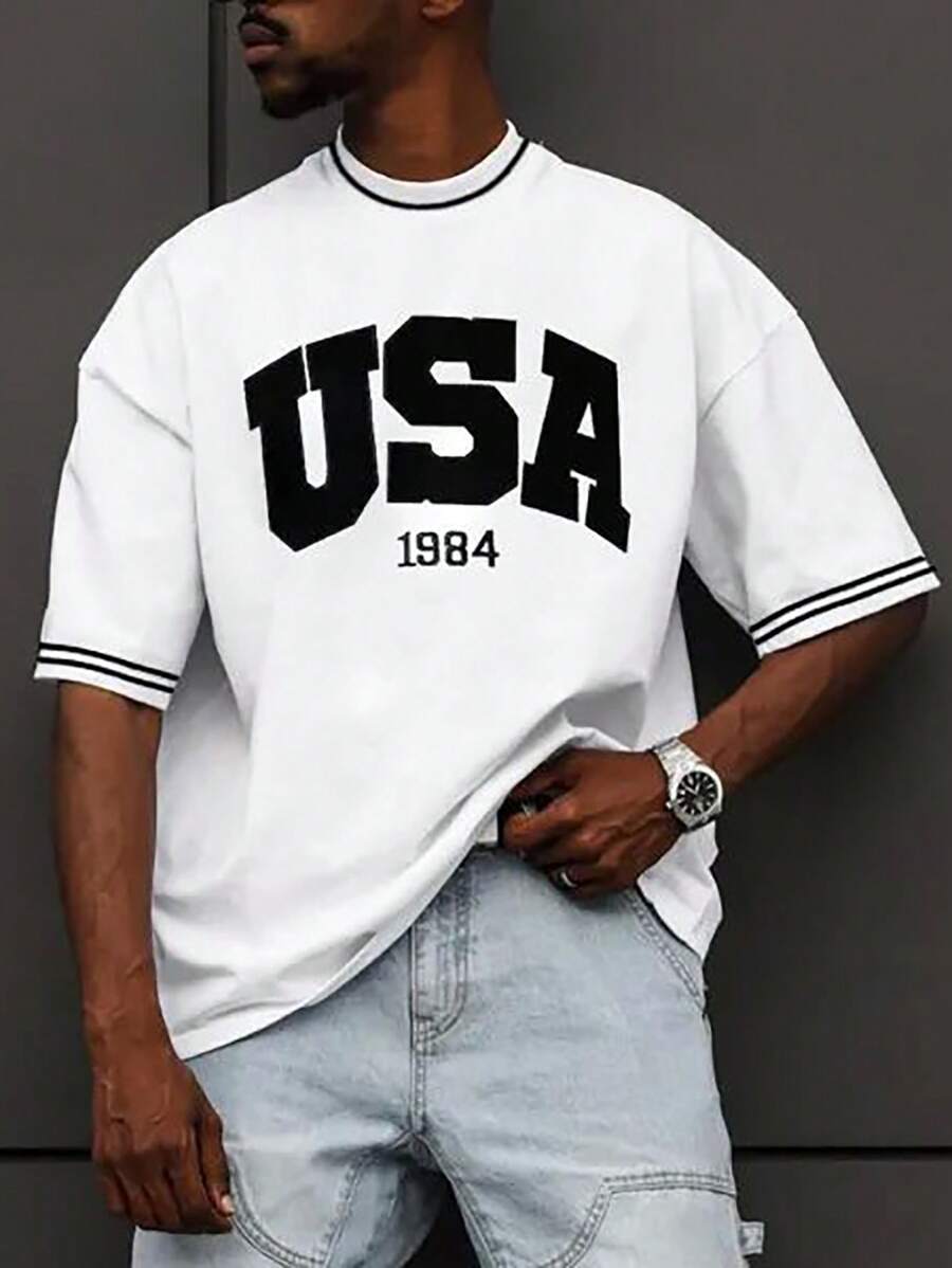 Manfinity Sporsity Men Letter Graphic Striped Trim Drop Shoulder Short Sleeve Tee, Casual, Boyfriend Gift