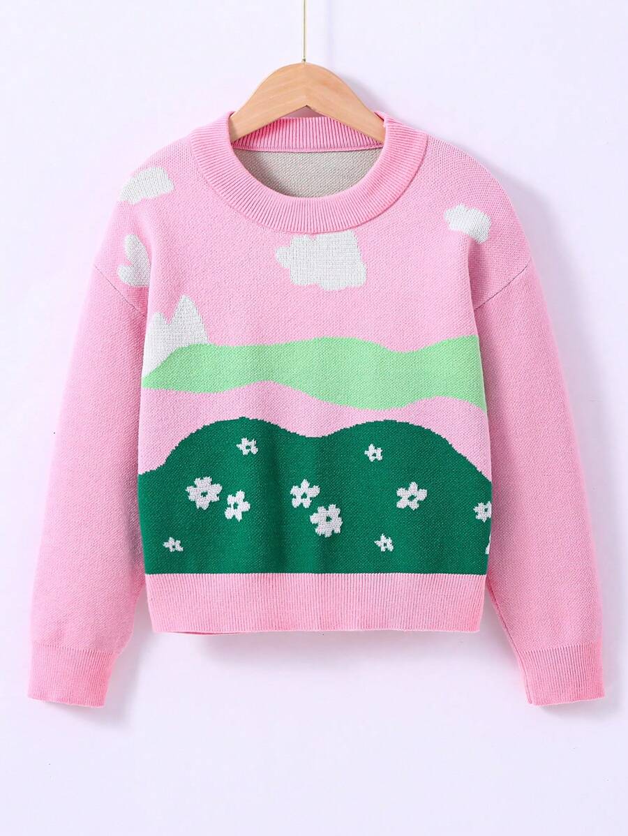 SHEIN Tween Girl Floral Pattern Drop Shoulder Sweater