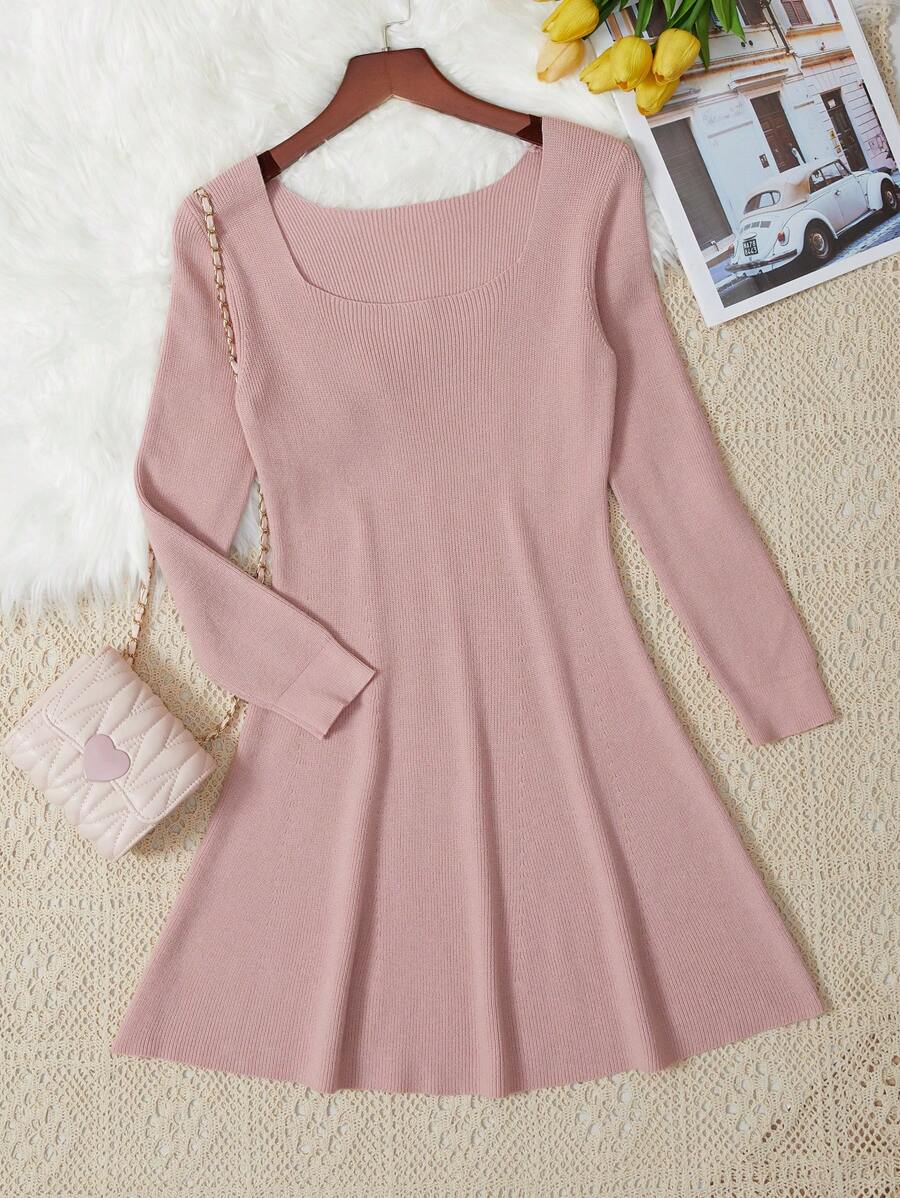 SHEIN Chica preadolescente Vestido de punto de cuello cuadrado tejido de canalé
