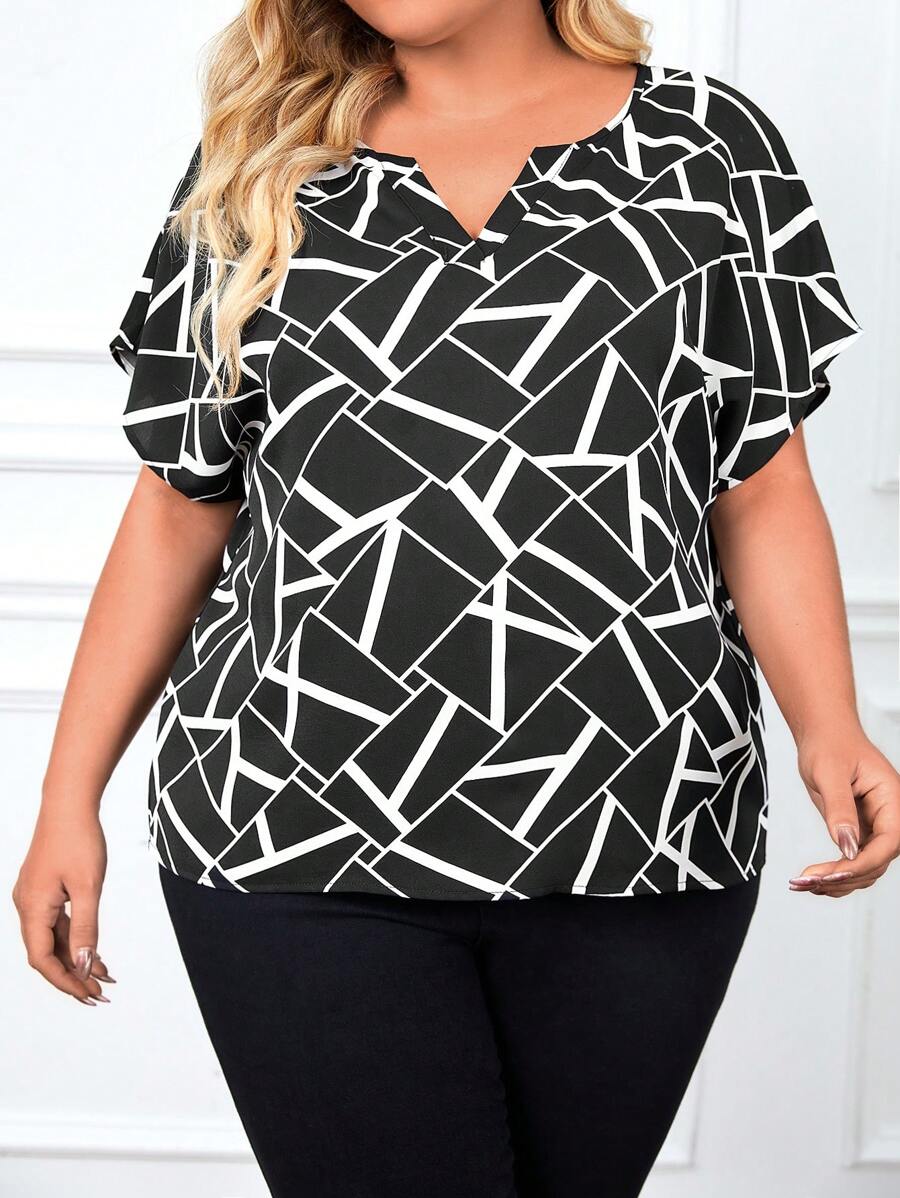 EMERY ROSE Bluse mit Geo Muster, eingekerbtem Kragen, Fledermausärmeln,