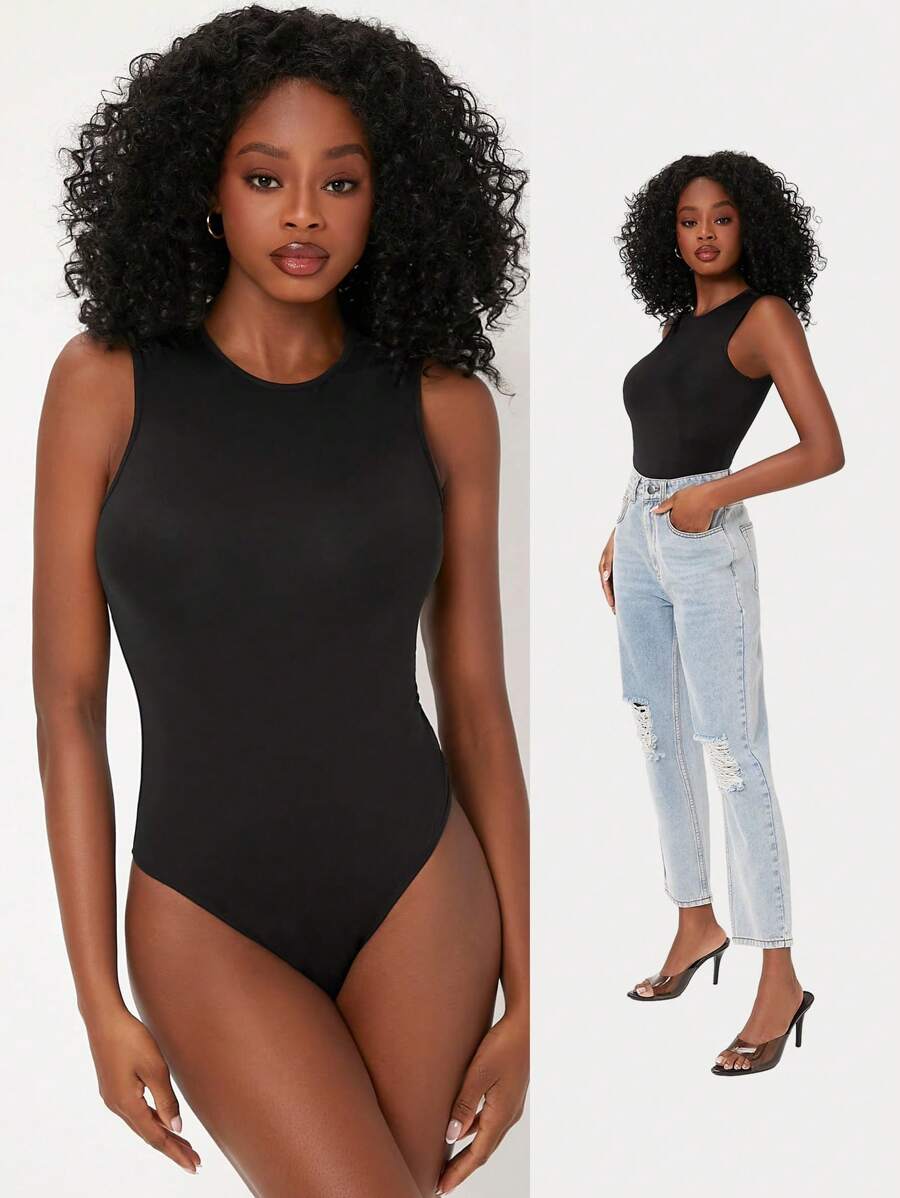 SHEIN BASICS Solid Round Neck Fitted Tank Bodysuit