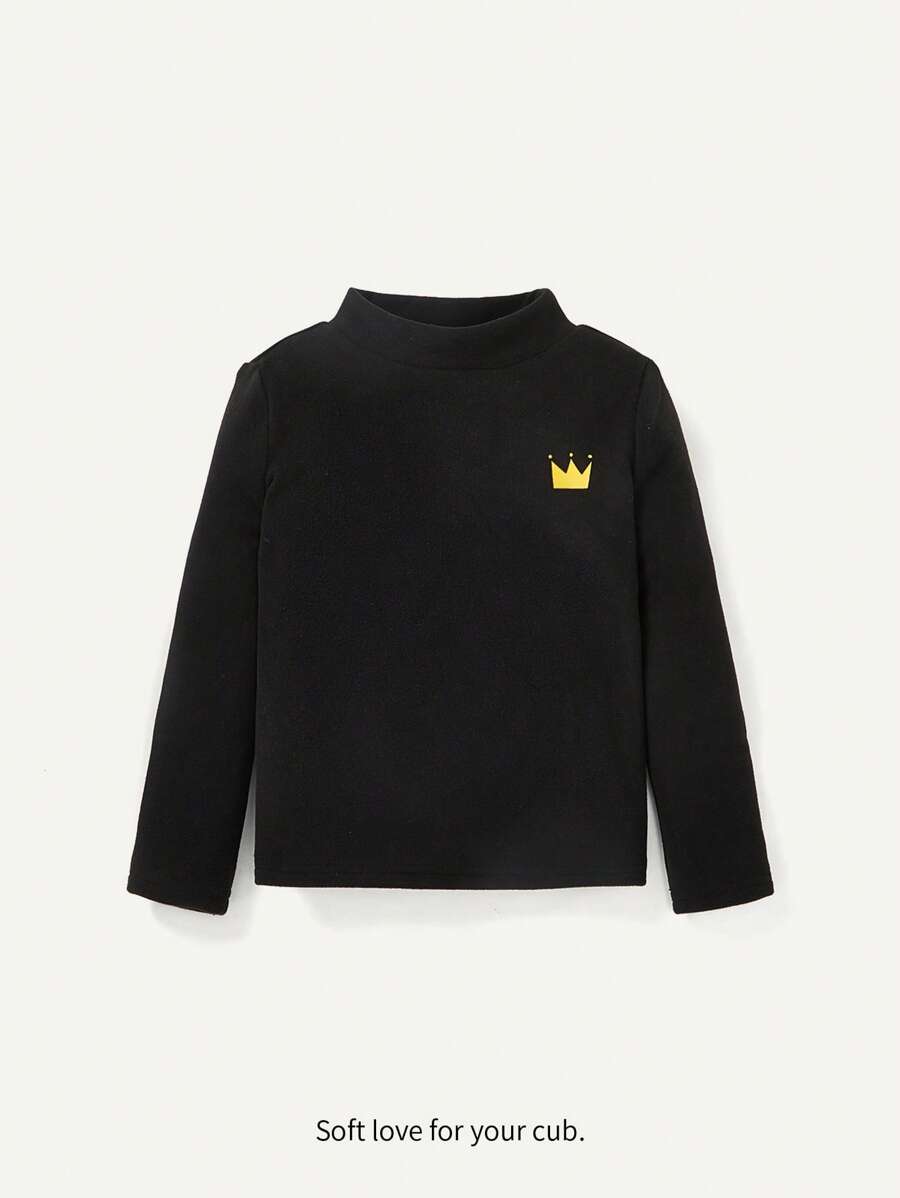 Cozy Pixies T-shirt À Manches Longues Imprimé De Couronne De Dessin Animé Doux Et Décontracté Pour Bébé Garçon Avec Un Demi-col Roulé Tricoté