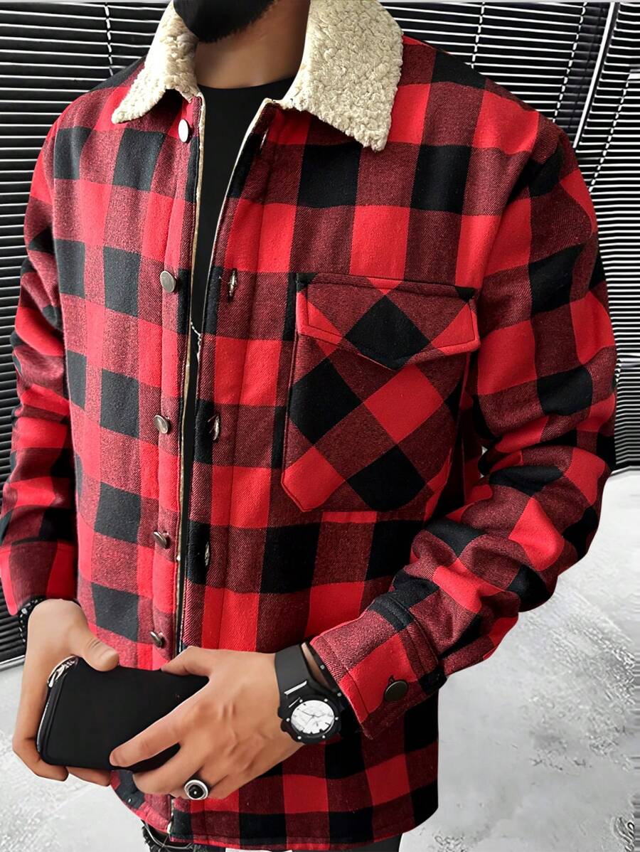 Manfinity Homme 1 pièce Chemise-veste pour hommes en tartan de bison avec col Borg et poche rabat, chemise-veste décontractée colorée pour sortir en rouge foncé, idéal pour les amis, le mari, le petit ami