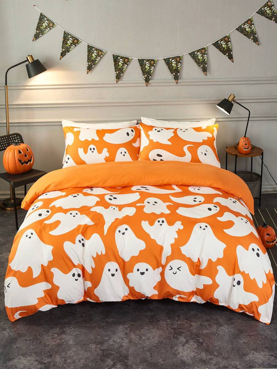 3 piezas naranja fantasma de Halloween patrón poliéster Set colcha , incluido 1 Colcha con 2 Fundas de almohada