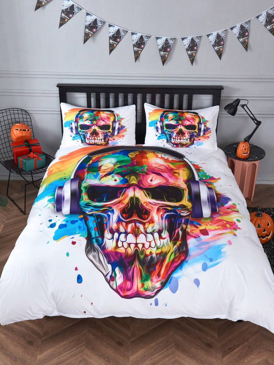 3 Stücke Bettbezug Set weiß Halloween Schädel Muster, Muster, Polyester