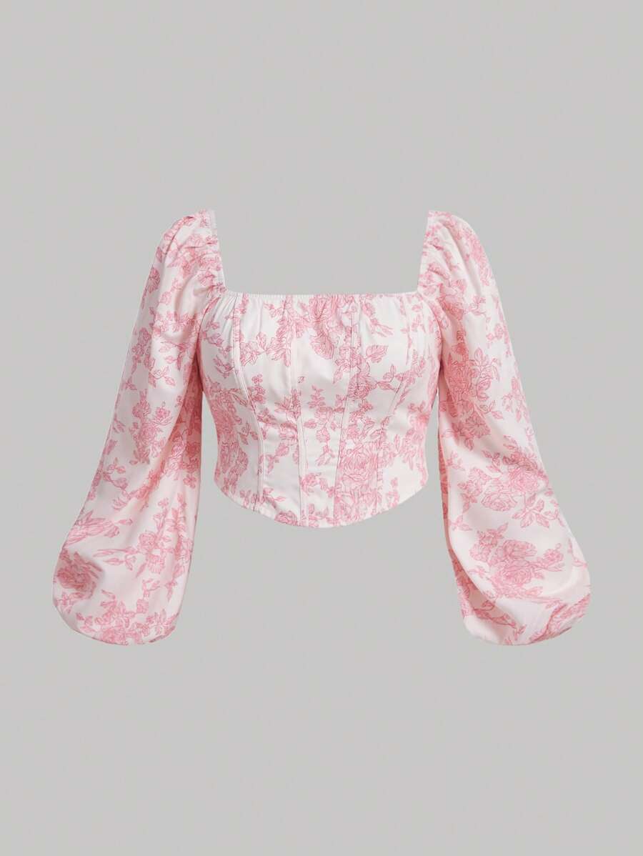 SHEIN MOD Talla grande Blusa con estampado floral de cuello cuadrado de manga farol