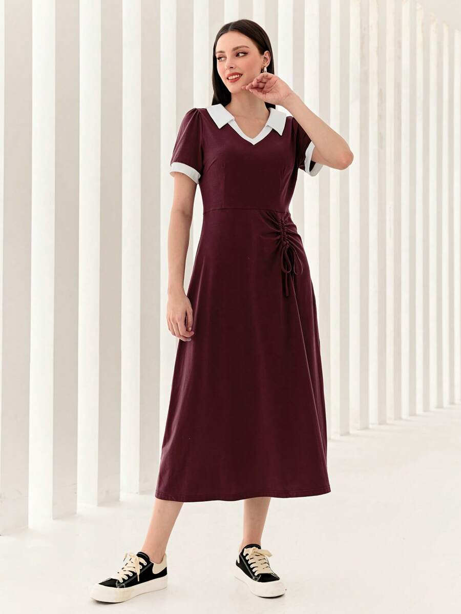 Mulvari Burgundy Red Contrast Collar Drawstring Front Dress