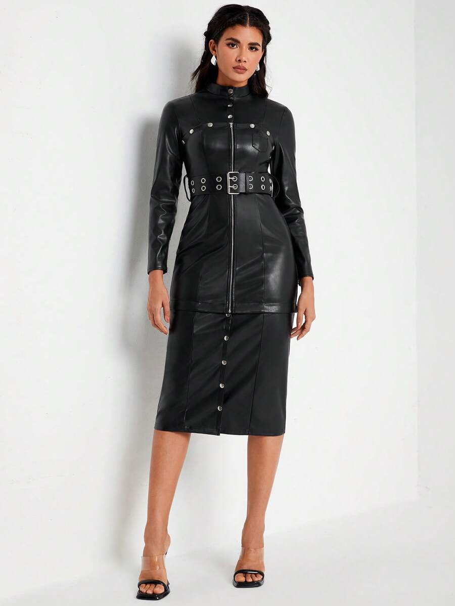 SHEIN X Danna Paola SIN7 Vestido ajustado de cuello alto con cinturón PU