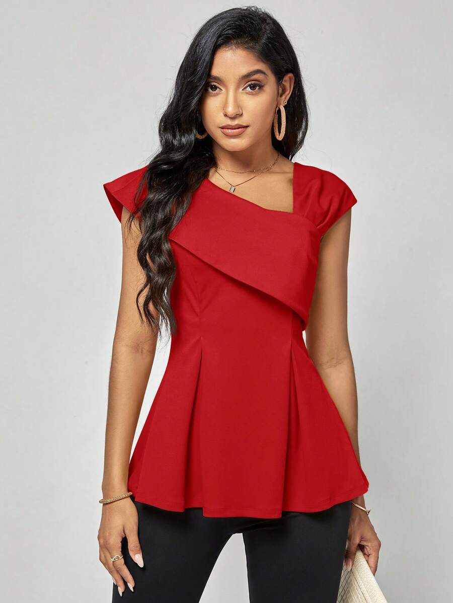 SHEIN Clasi Solid Asymmetrical Neck Fold Pleated Detail Tee