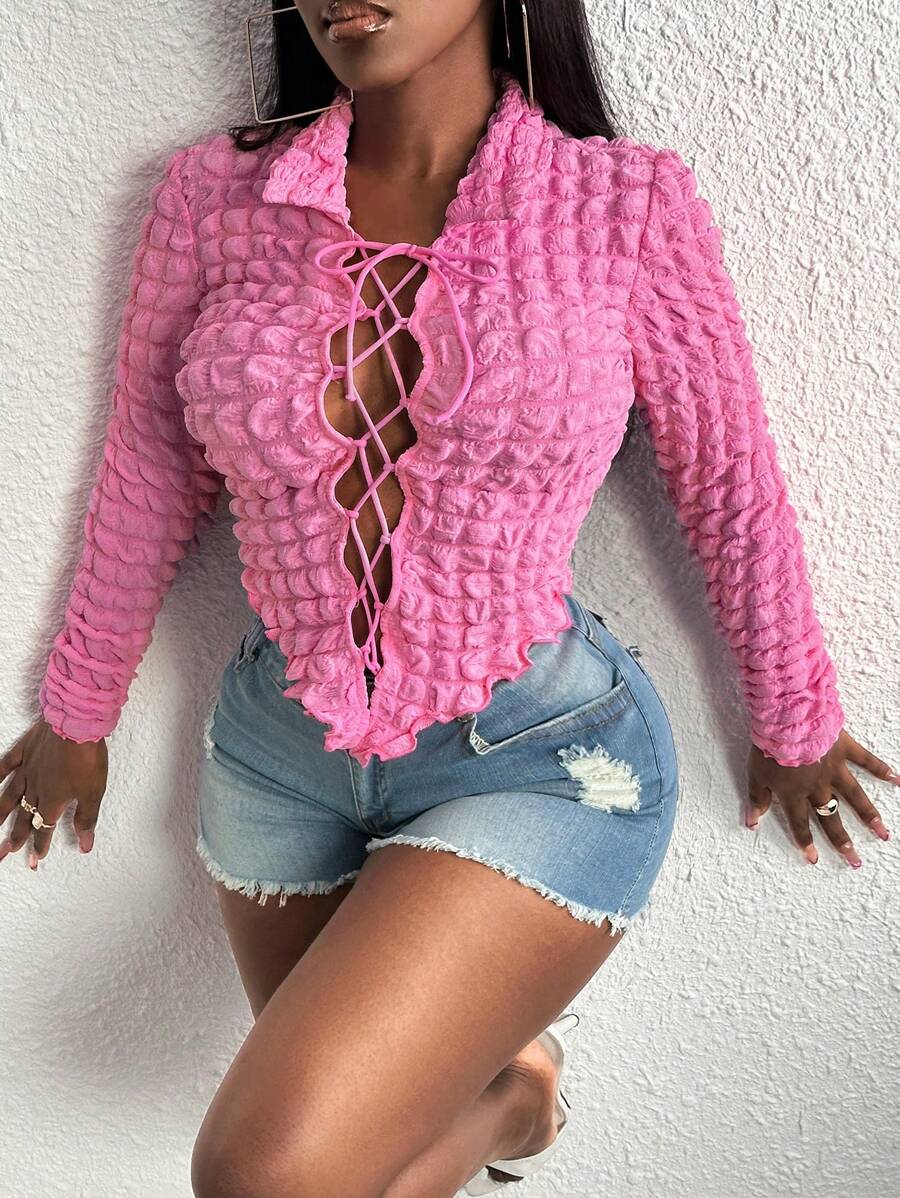 Slaydiva Lace Up Front Asymmetrical Hem Crop Tee