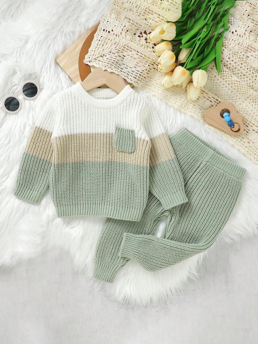 SHEIN Bébé Garçon Pull À Blocs De Couleurs Avec Poche & Pantalon En Tricot