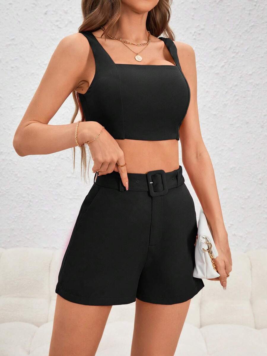 SHEIN Privé Solid Crop Tank Top & Belted Shorts