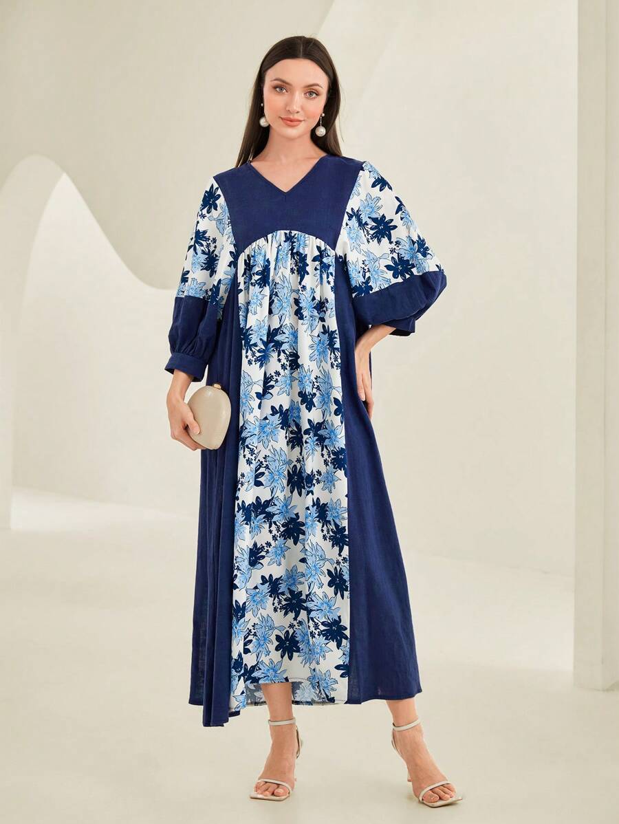 Al Najma Floral Print Lantern Sleeve Dress