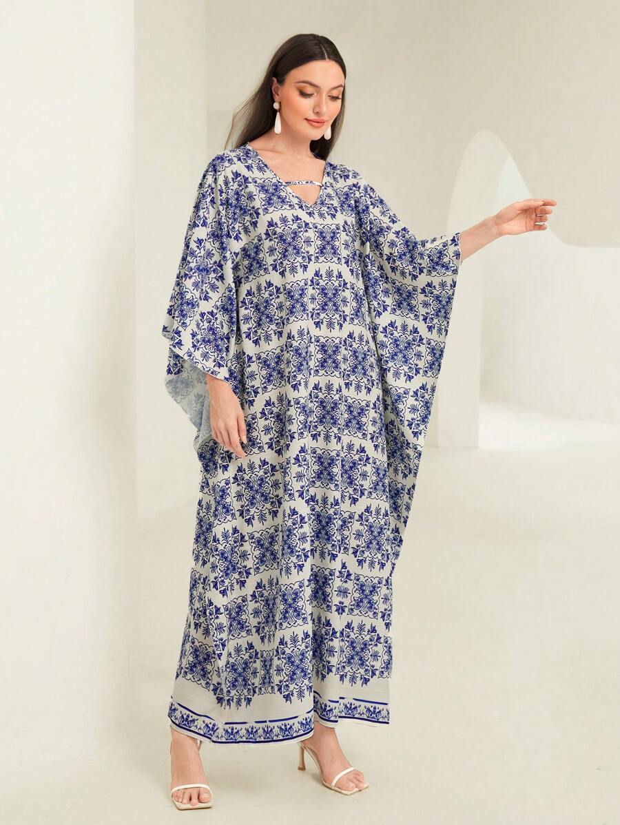 Al Najma Allover Print Batwing Sleeve Kaftan