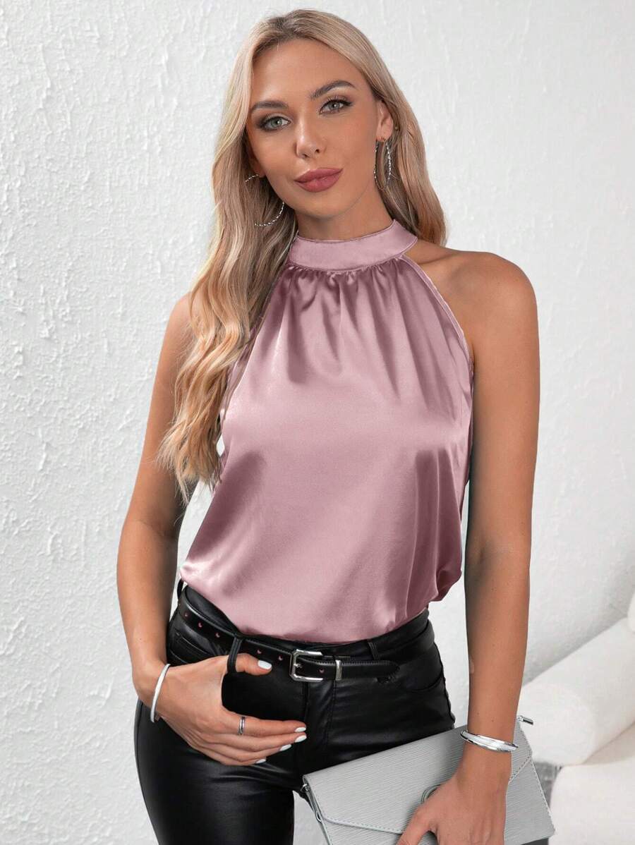 SHEIN Clasi Solid Satin Halter Blouse