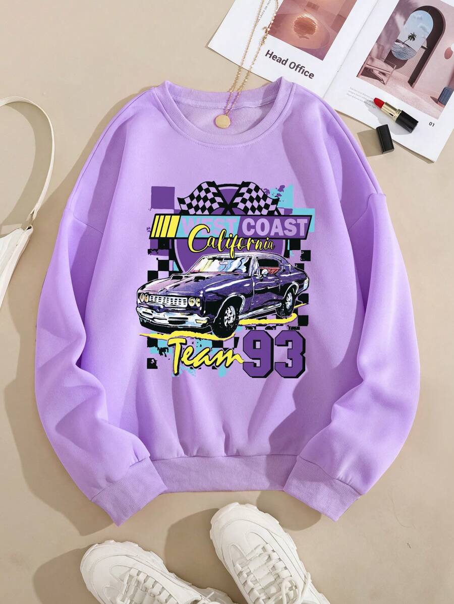 INAWLY Auto en letter grafische thermische gevoerde sweatshirt, lange mouwen tops