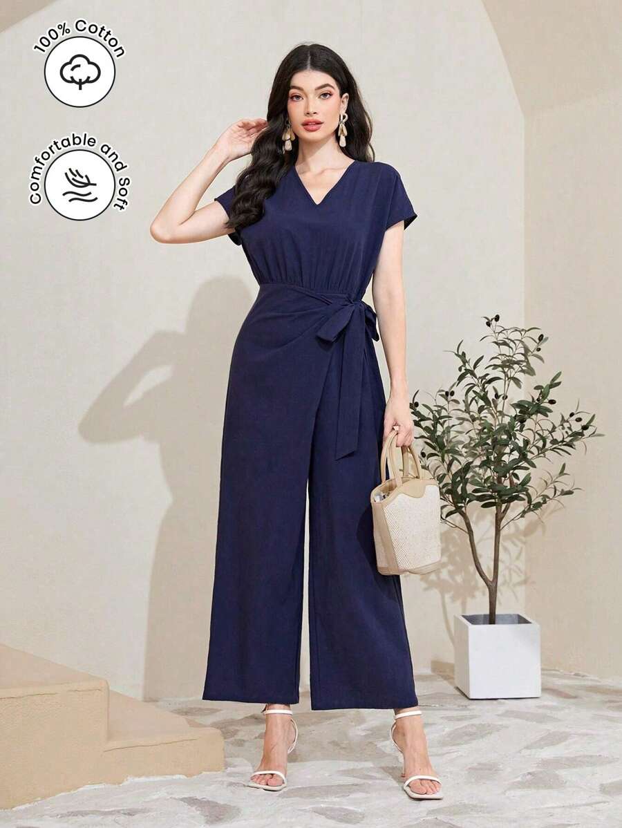 Mulvari 100% Cotton Solid Wrap Knot Wide Leg Jumpsuit
