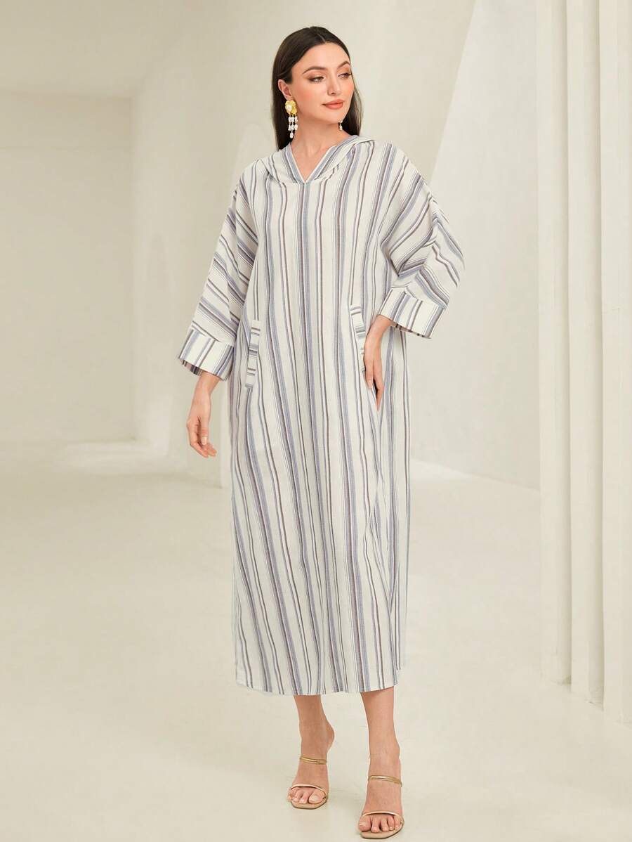 Al Najma Striped Print Batwing Sleeve Dual Pocket Dress, Modest