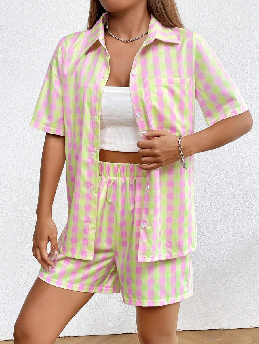 Flirla Gingham Print Shirt & Shorts