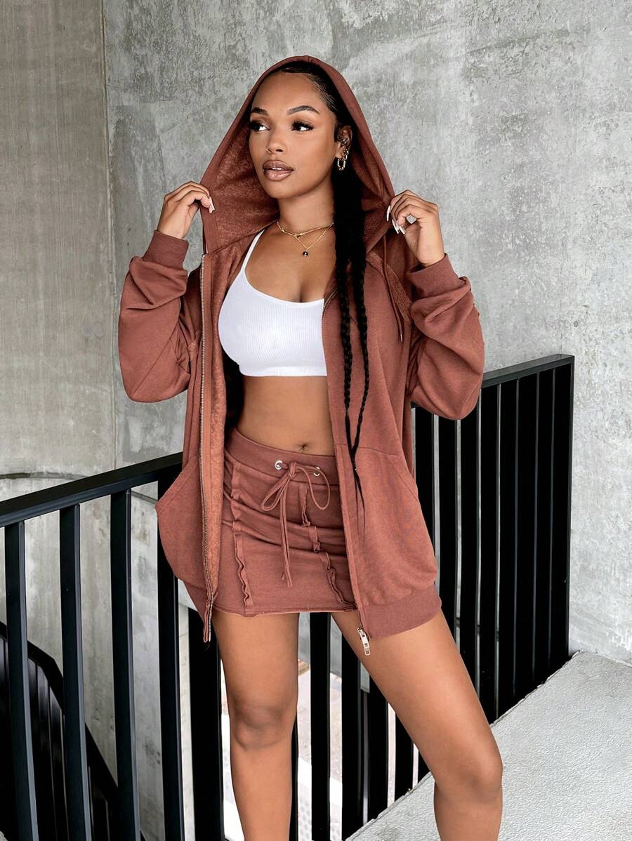 SHEIN SXY Zip Up Raglan Sleeve Drawstring Hoodie