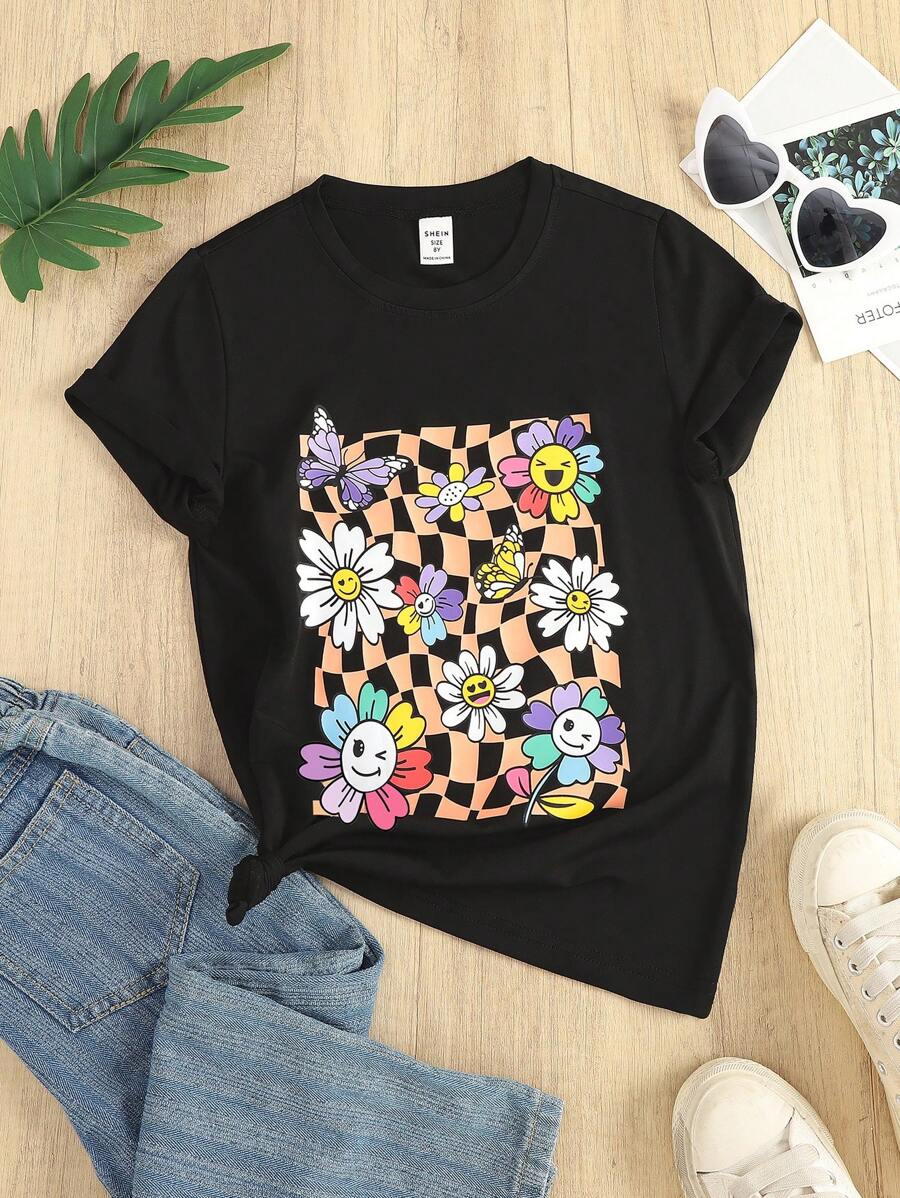 SHEIN Tween Girl Floral & Checker Print Tee