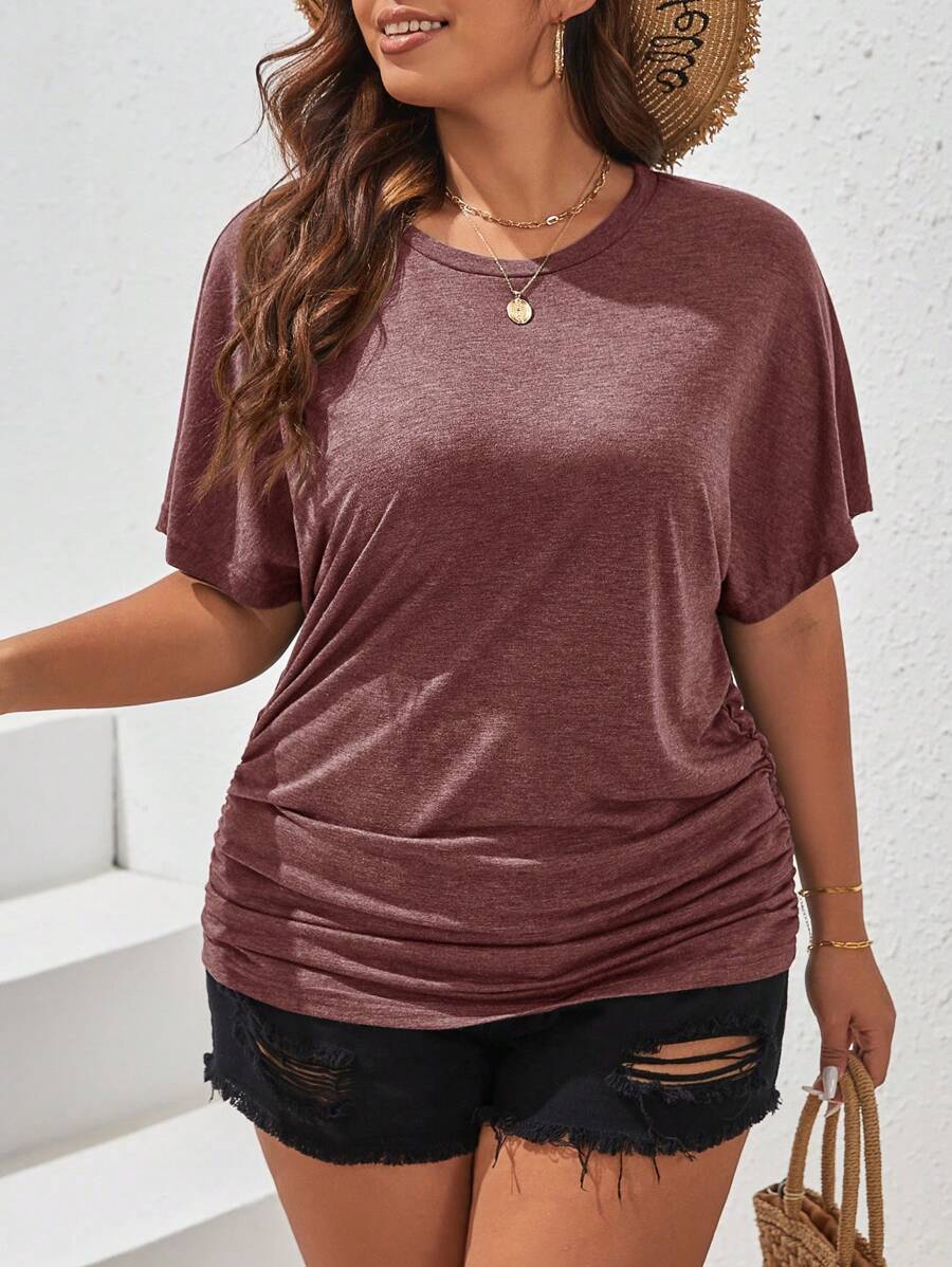SHEIN Frenchy Tee-shirt À Manches Batwing Solides Et Froncées Avec Col Rond Et Fronces Pour Les Grandes Tailles