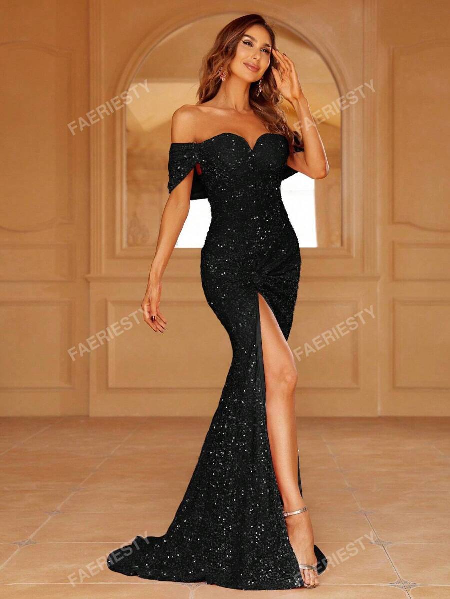 Off Shoulder Split Thigh Sequin Formele Jurk Zwart Elegante Prom Avond Bruiloft Gast Jurk, Voor Afstuderen, Diner