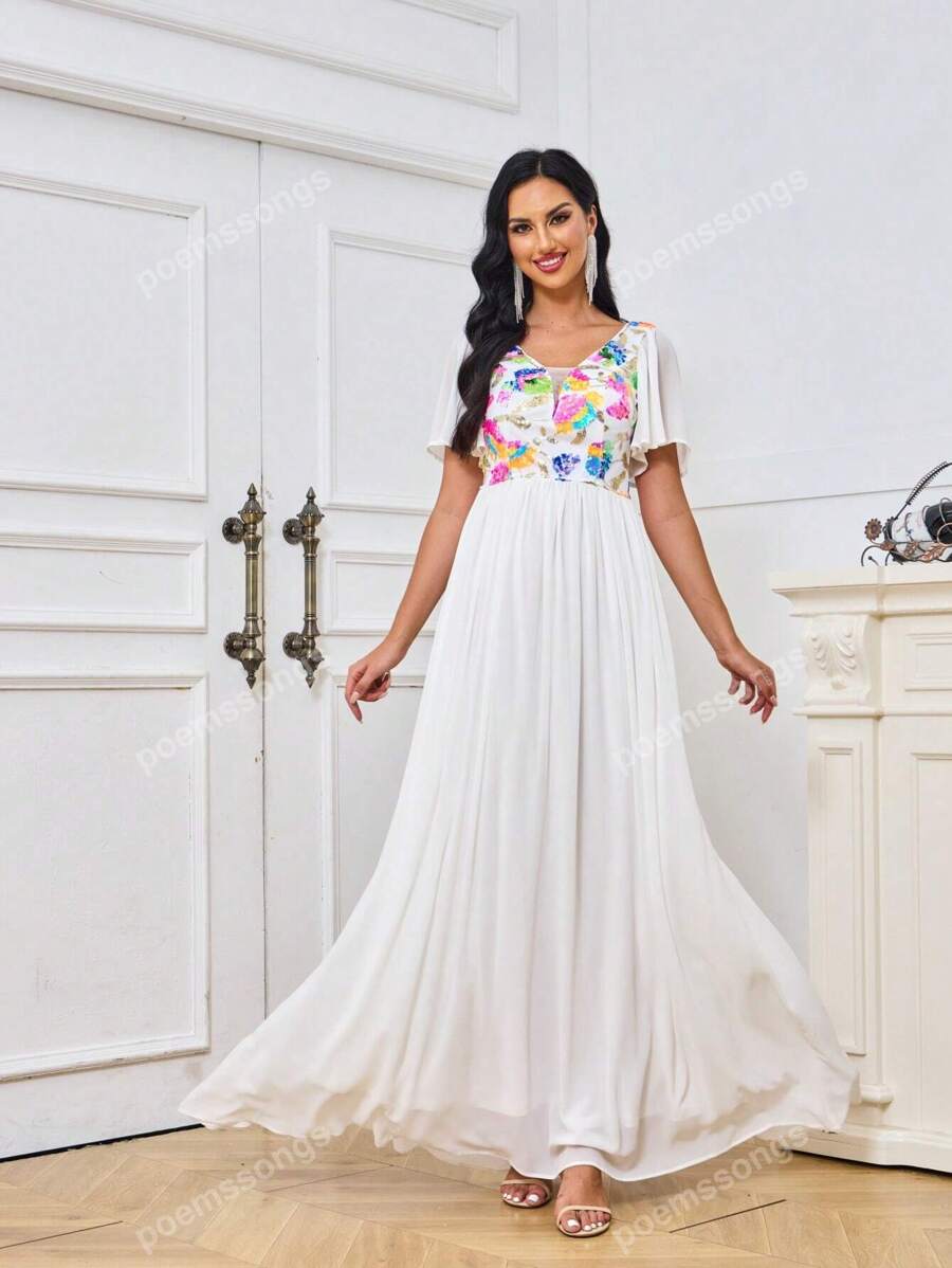 Contrast Sequin Chiffon Formal Dress
