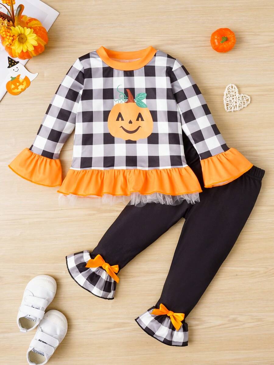Babymeisje Grafische cartoonprint Flounce mouw Rucheszoom T-shirt & Strik aan de achterkant Broeken