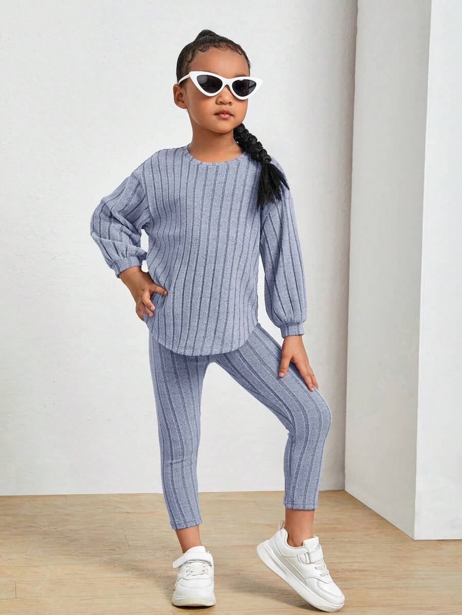 SHEIN Young Girl Drop Shoulder Ribbed Knit Tee & Leggings