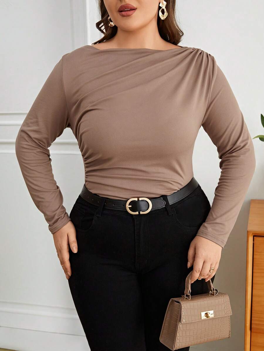 SHEIN Privé Talla grande Camiseta unicolor fruncido