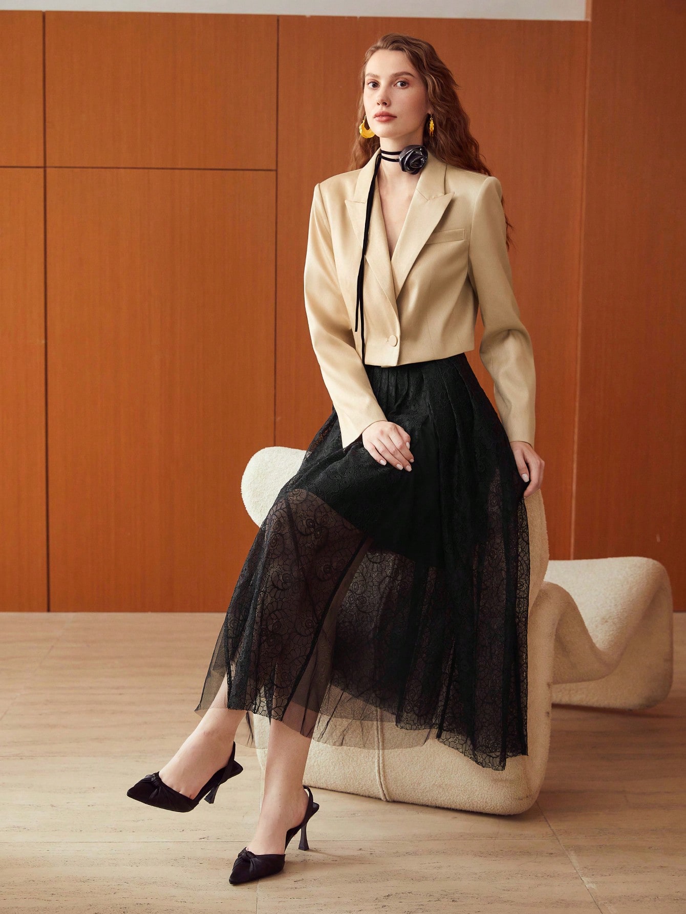 SHEER LACE MIDI SKIRT｜Motf