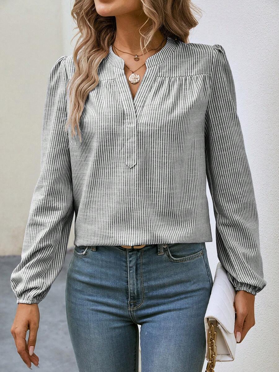SHEIN LUNE Striped Print Half Button Lantern Sleeve Blouse