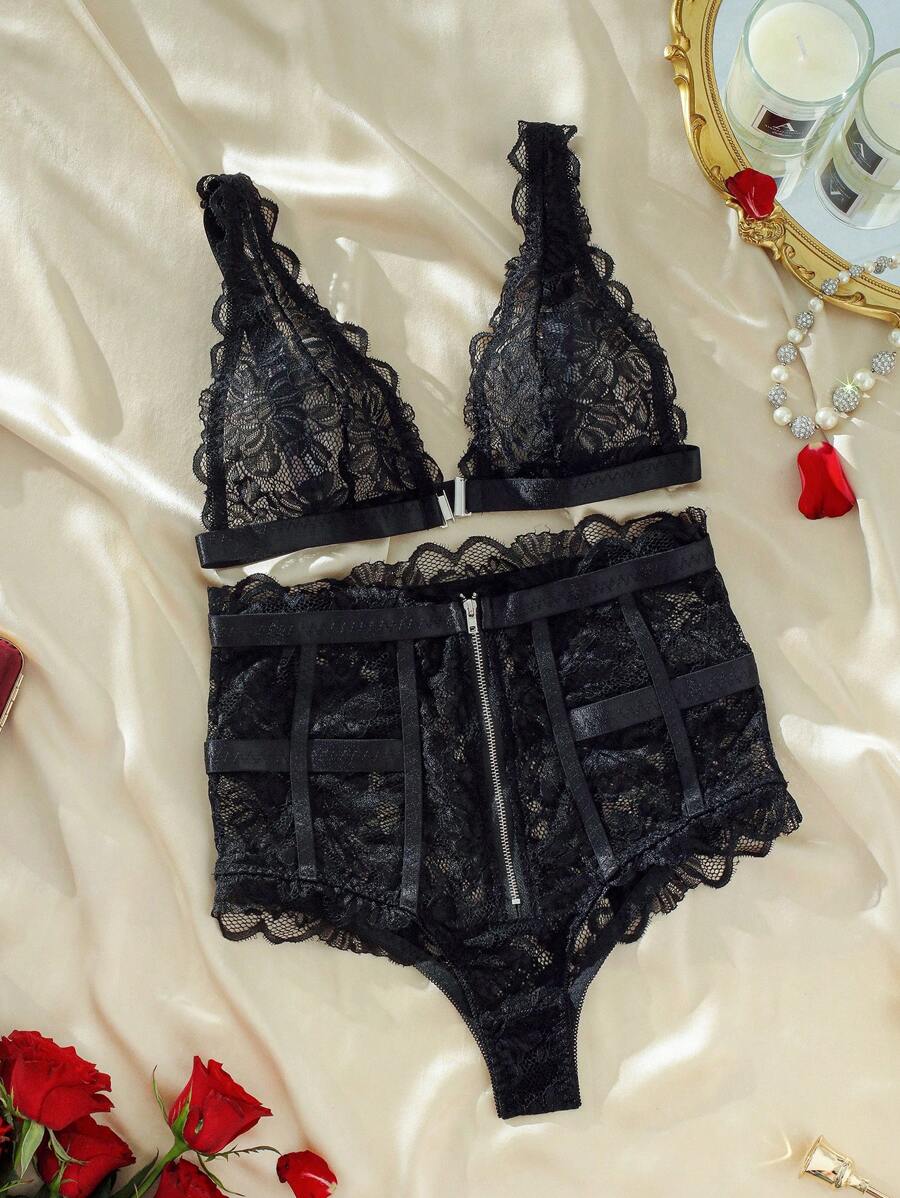 SHEIN Classic Sexy Floral Lace Zip Front Lingerie Set SHEIN USA
