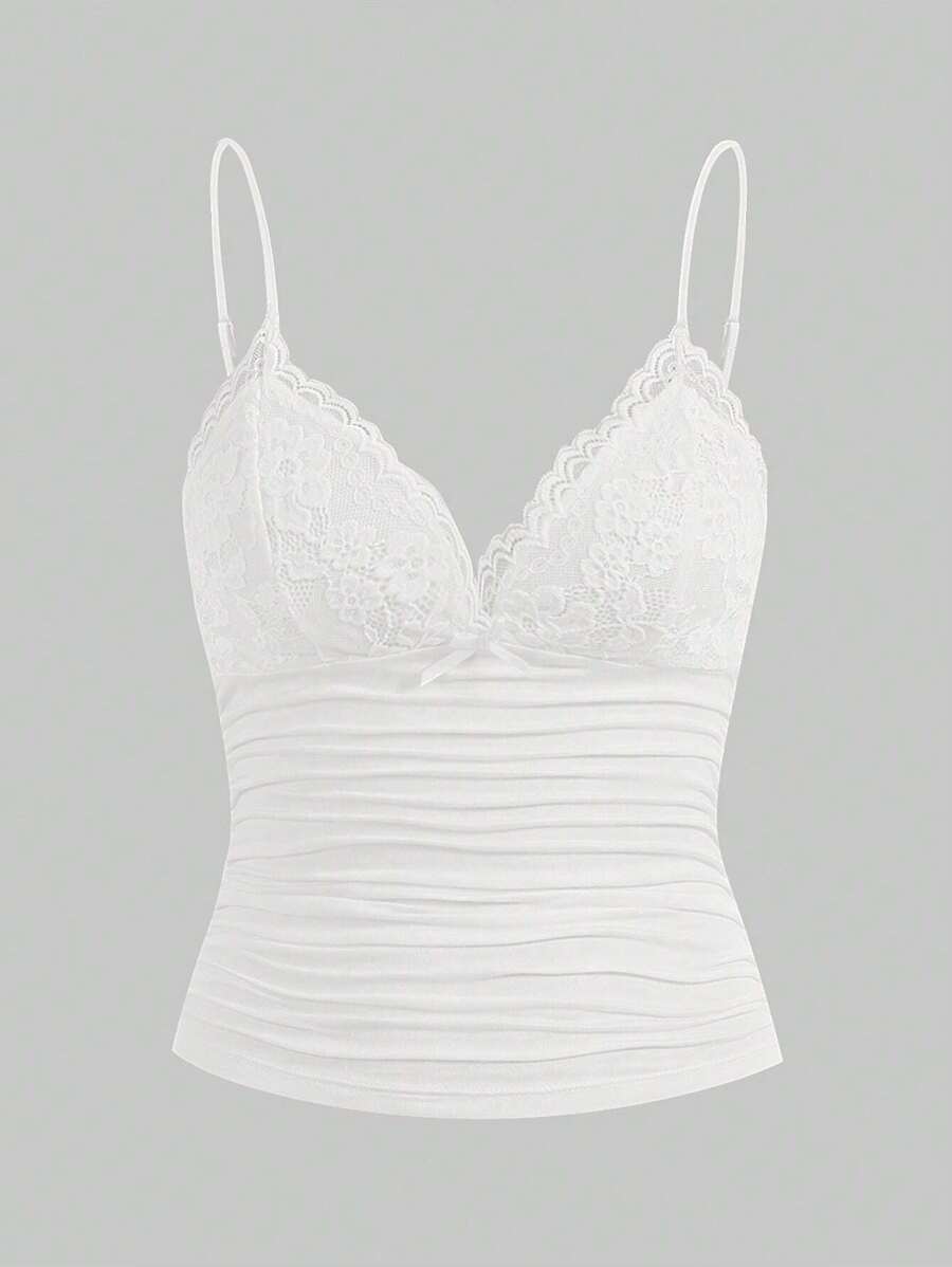 SHEIN ICON Contrast Lace Ruched Y2k Bow Detail Cami Top