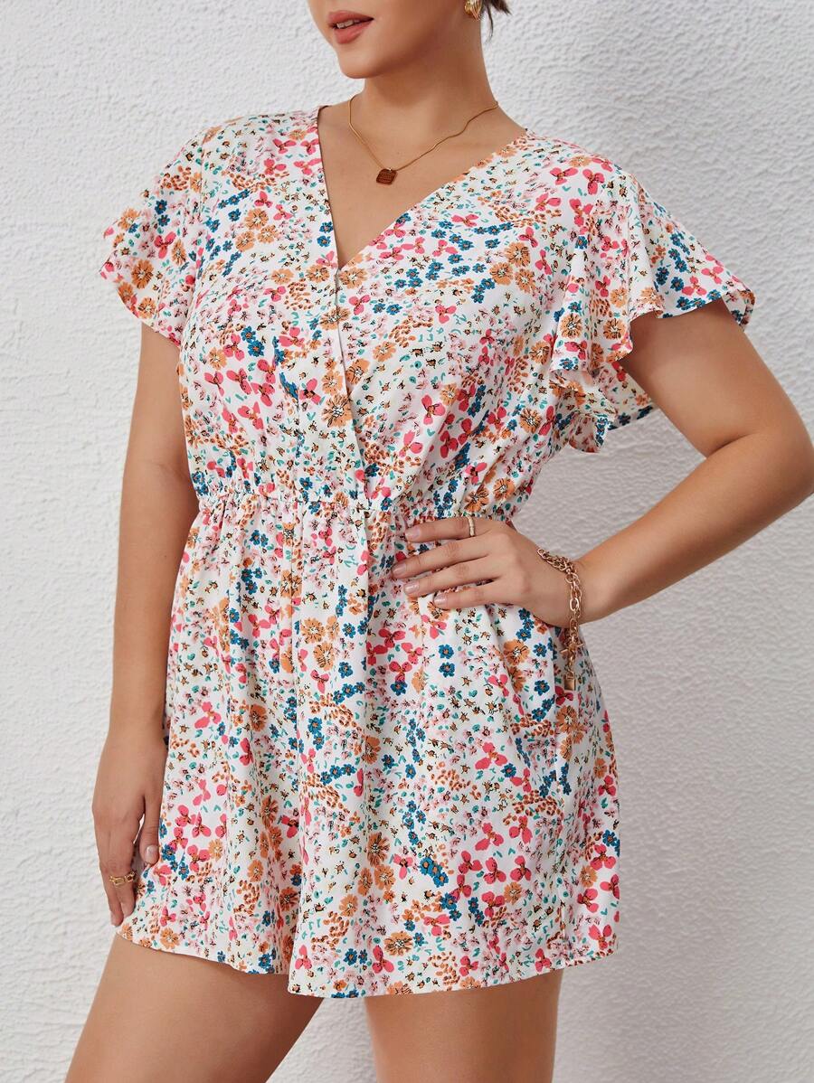 SHEIN Clasi Plus Ditsy Floral Print Butterfly Sleeve Romper