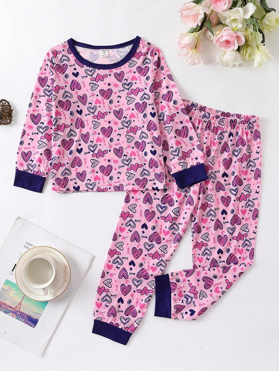 Kleines Mädchen Pyjama Set Herzen Muster, Kontrast Saum