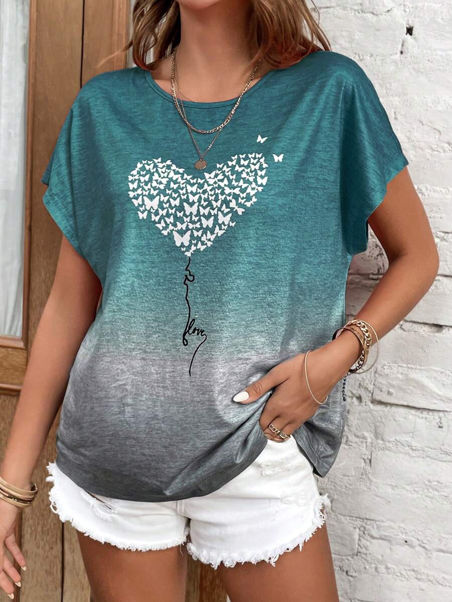 EMERY ROSE Heart Print Batwing Sleeve Tee