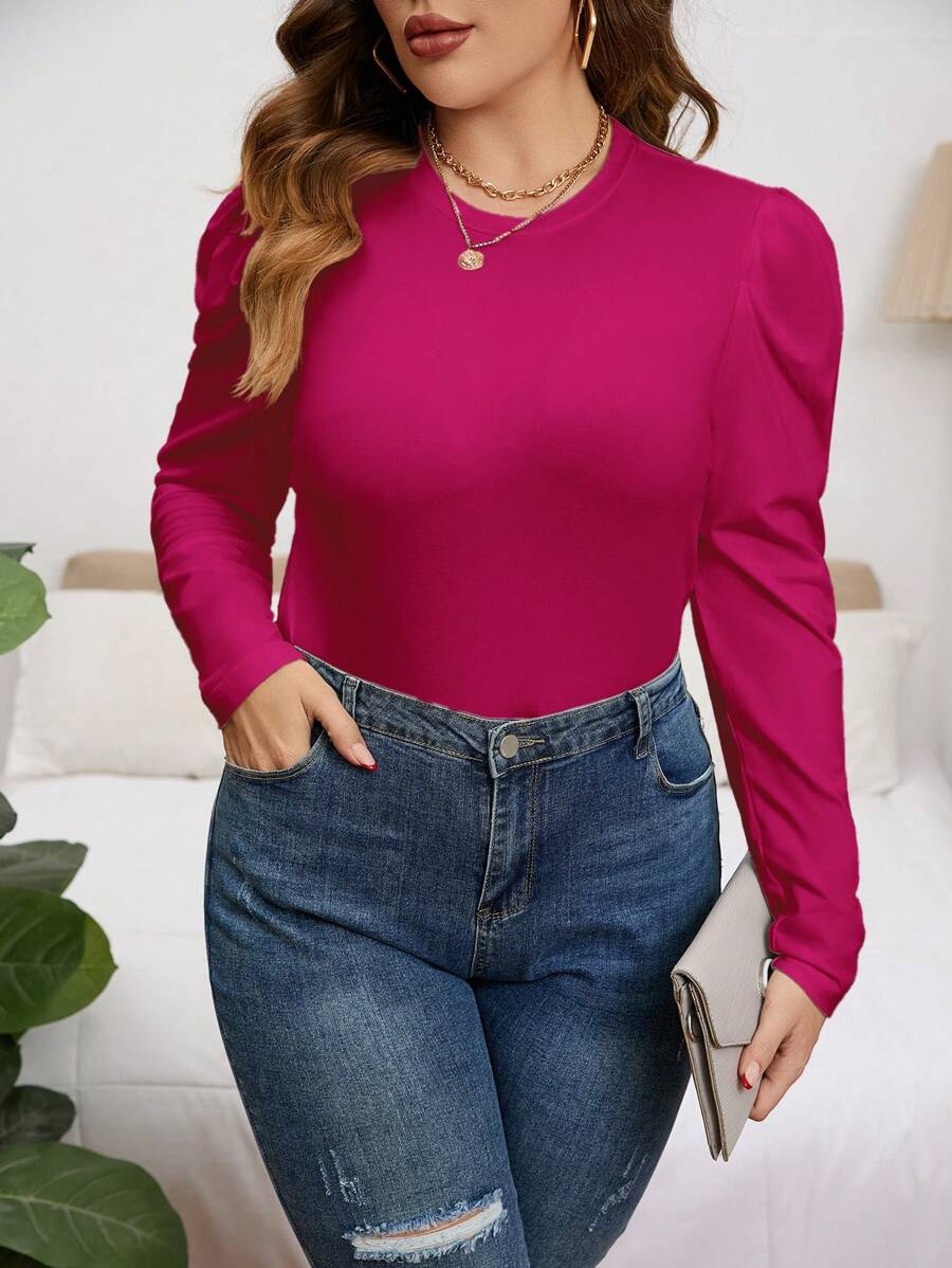 SHEIN Privé Talla grande Camiseta unicolor de manga gigot