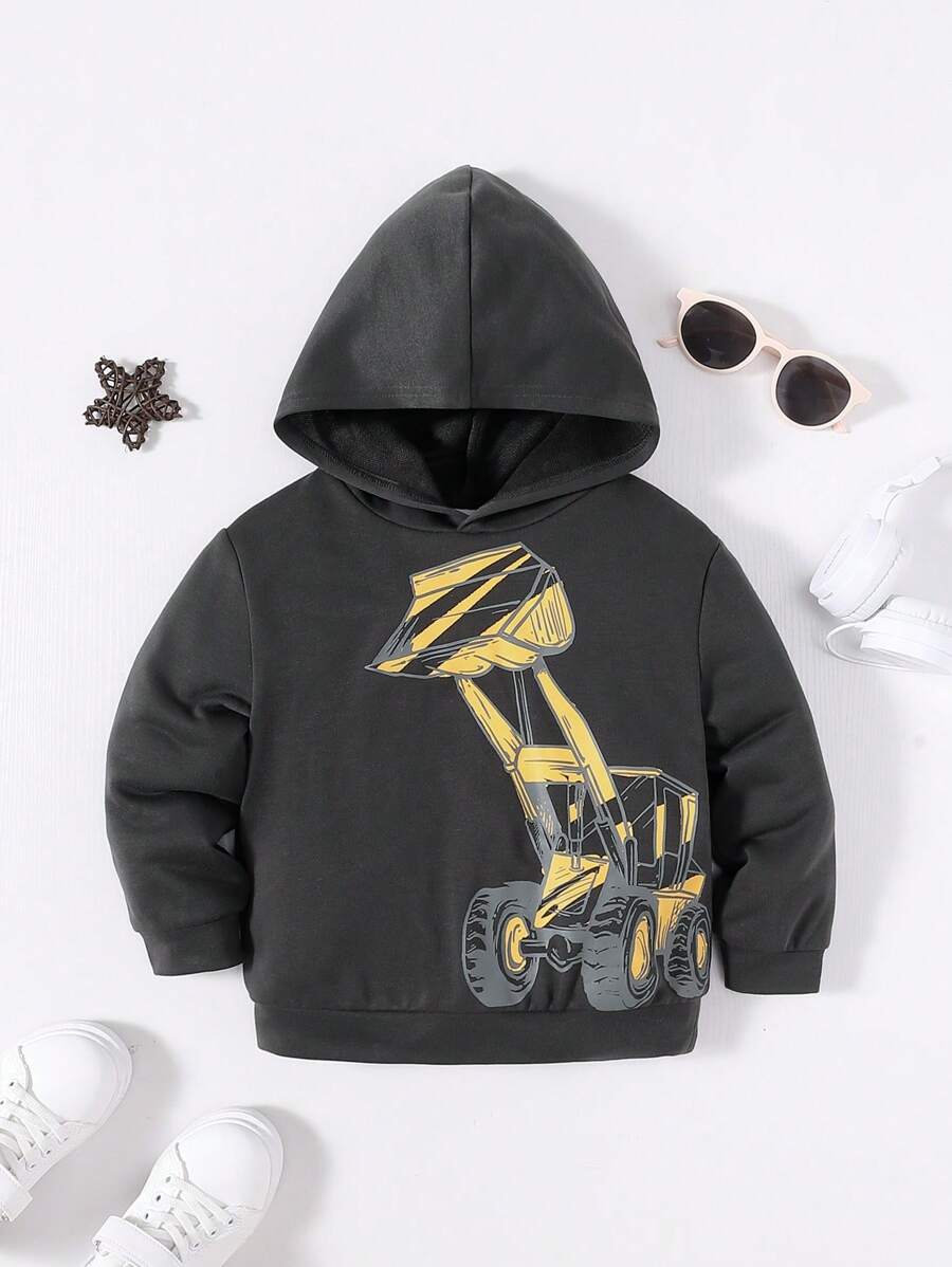SHEIN Jeune Garçon Sweat-shirt Loisirs Mignon Ample Unicolore Avec Imprimé Excavatrice Pour Style De Rue , Automne/Hiver