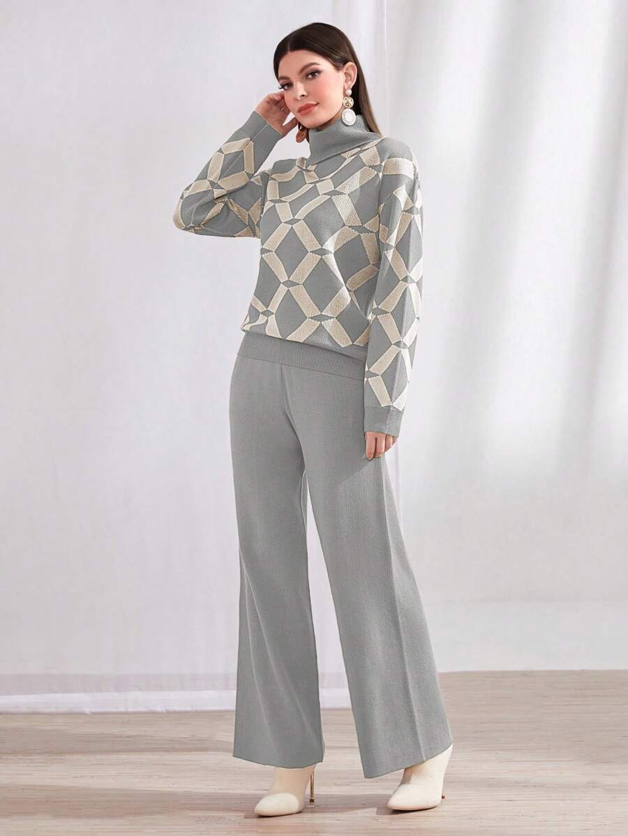 Mulvari Geo Pattern Turtleneck Sweater & Knit Pants 2 Pieces Set