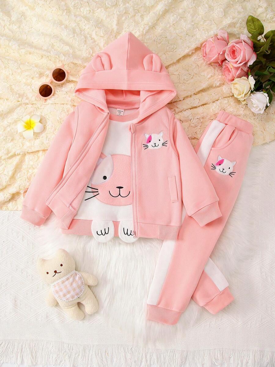 SHEIN Young Girl Embroidery Cartoon Pattern Raglan Sleeve Pullover & Sweatpants & 3D Ear Design Thermal Lined Hooded Jacket