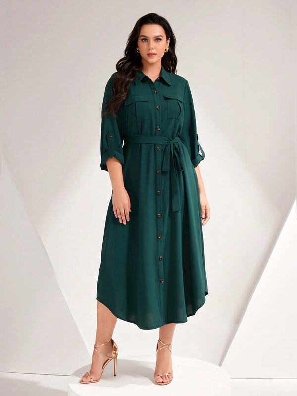 SHEIN Mulvari Plus Roll Tab Sleeve Flap Pocket Belted Shirt Dress