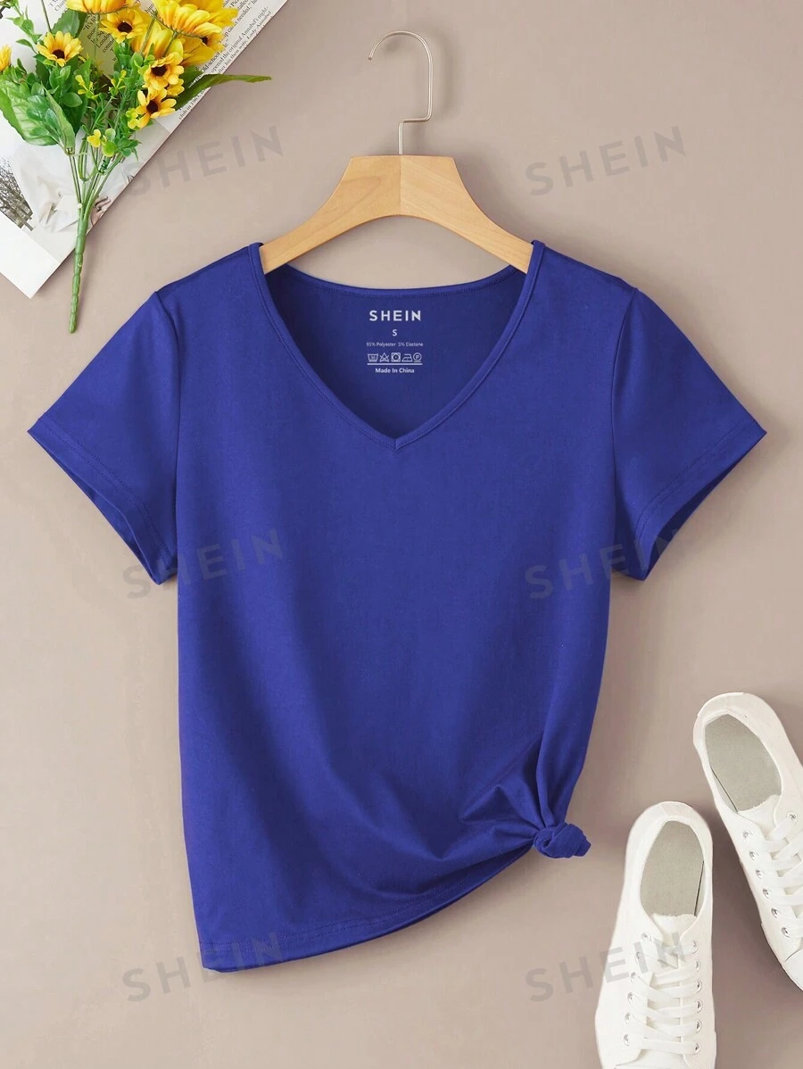 INAWLY Camiseta unicolor de cuello V