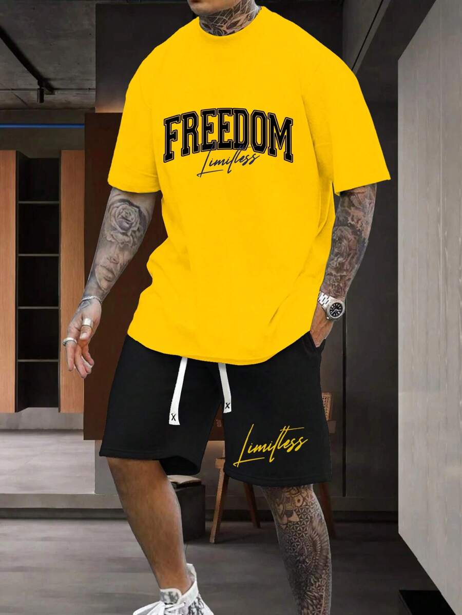 Manfinity Homme Men Letter Graphic Tee & Drawstring Waist Shorts, Men S Casual Graphic Letter Print Short Sleeve T Shirt And Shorts Set, Men Yellow Short Sets, Manfinity Hupemode Men Summer Casual Color Block Letter Print Short Sleeve T Shirt For Going Out For Friends, Men Summer Sweatsuit