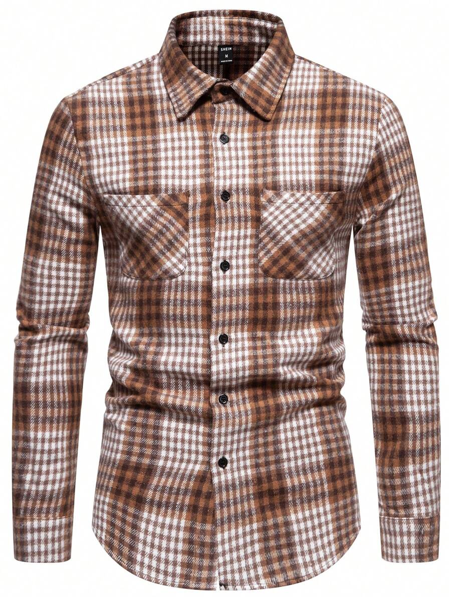 SHEIN X Galloways Manfinity Homme Men Plaid Print Pocket Patched Button Up Overcoat